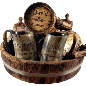 Viking Wedding Horn Mug Gift Set (Horn Mug Pair + Wooden Display Stand + Gift Packaging)