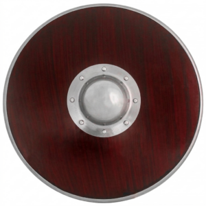 A historically inspired Viking round shield crafted from wood with a steel shield boss, featuring a classic brown finish and durable construction for reenactment, collectors, and historical display.